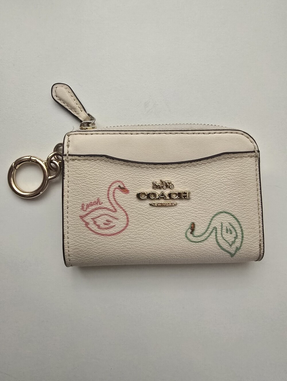 Coach L Zip Card Case Swan Print C8377 Chalk White Key Ring Wallet - Picture 3 of 15
